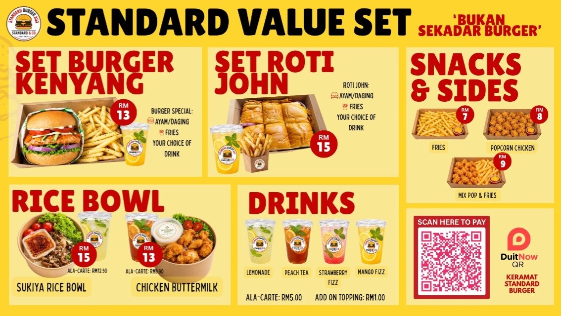 Standard Value Set: Set Burger Kenyang RM13, Set Roti John RM15, Rice Bowl, Snacks and Sides, Drinks, and DuitNow QR